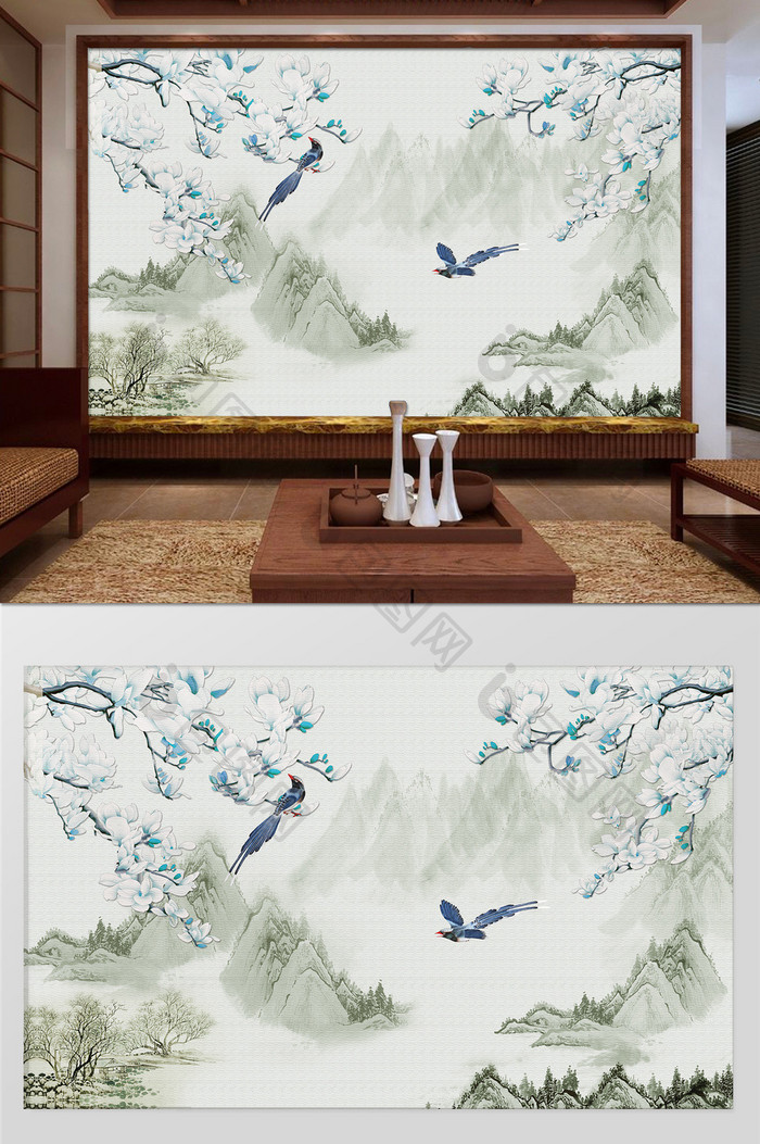 中式江南玉兰花国画客厅卧室背景墙