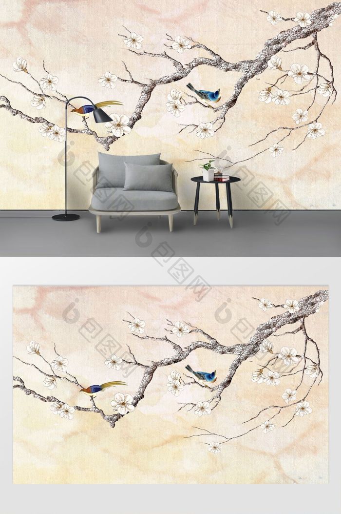 工笔花鸟图国画中式石纹背景墙效果图-【包图网】