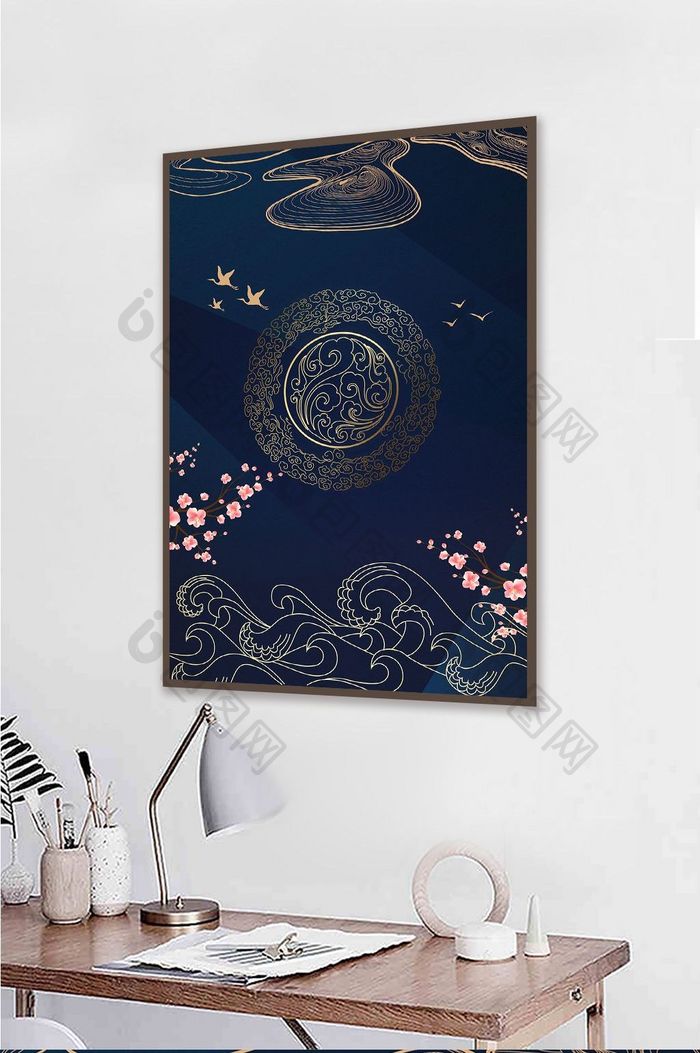 中国风线条花纹仙鹤晶瓷画客厅装饰画
