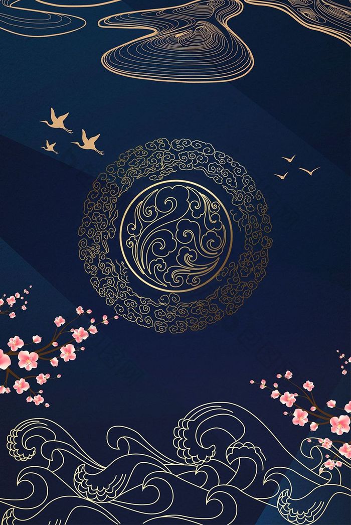 中国风线条花纹仙鹤晶瓷画客厅装饰画