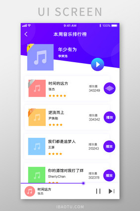 简约渐变音乐排行榜APP移动UI界面