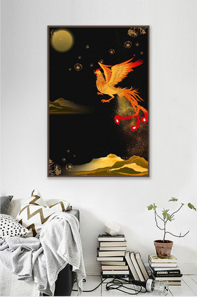 金色动物鸟类凤凰山水抽象艺术背景装饰画