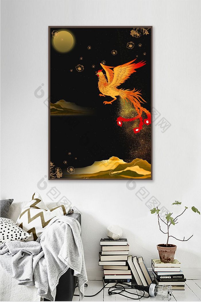 金色动物鸟类凤凰山水抽象艺术背景装饰画图片图片