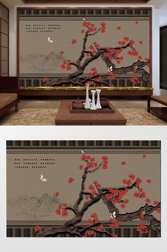 新中式手绘银杏叶花鸟背景墙图片