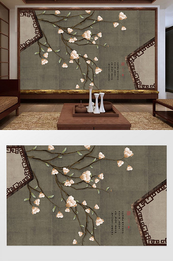 现代新中式手绘玉兰工笔花鸟背景墙壁画图片