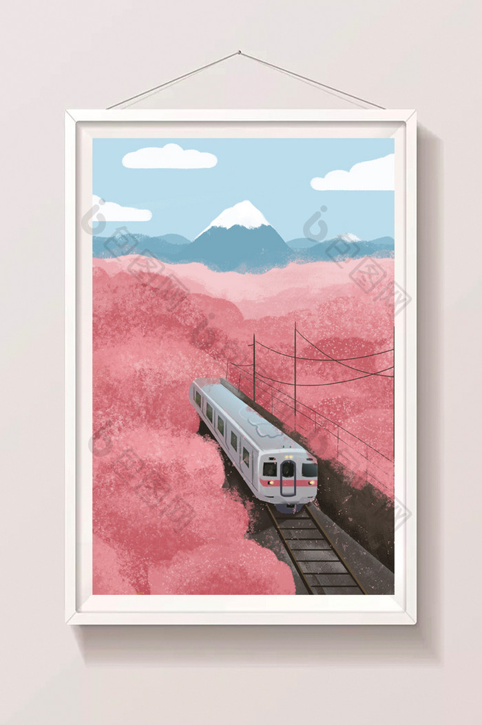 日本樱花海列车雪山插画
