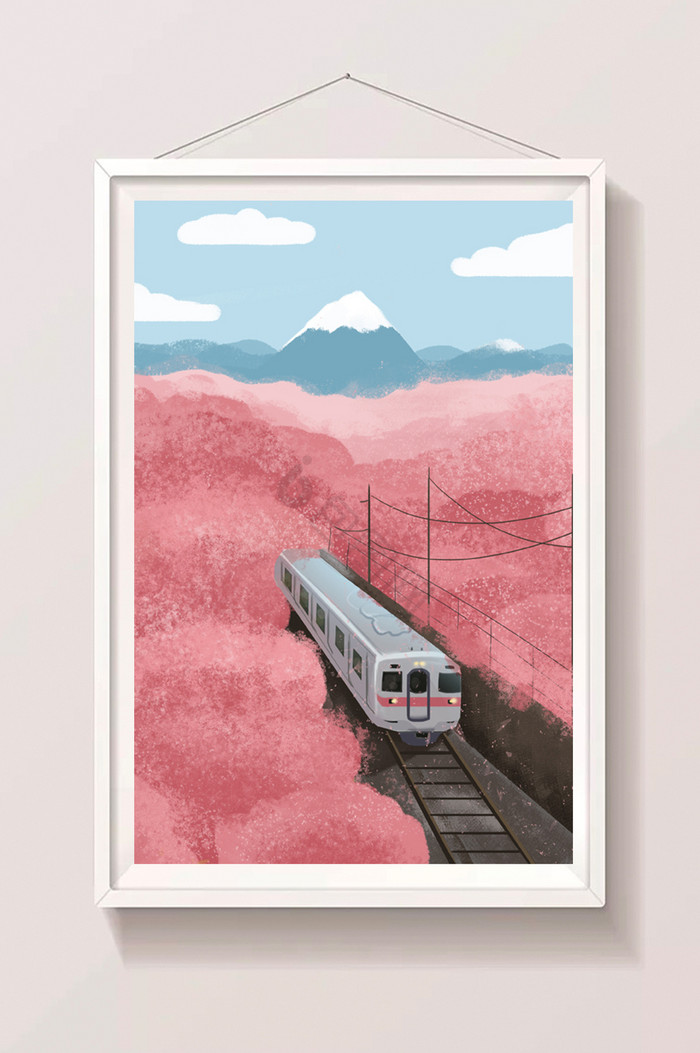 日本樱花海列车雪山插画图片