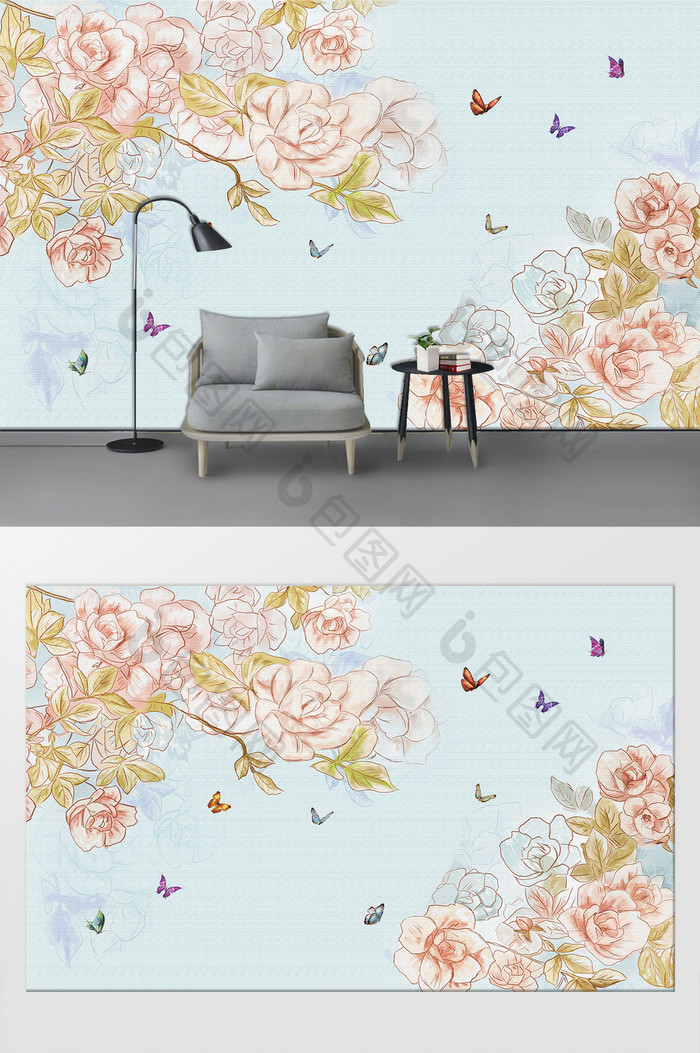 现代简约唯美花卉牡丹花客厅背景墙