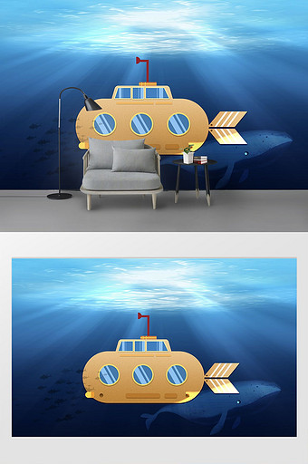 北欧简约海底世界潜艇客厅背景墙装饰画图片
