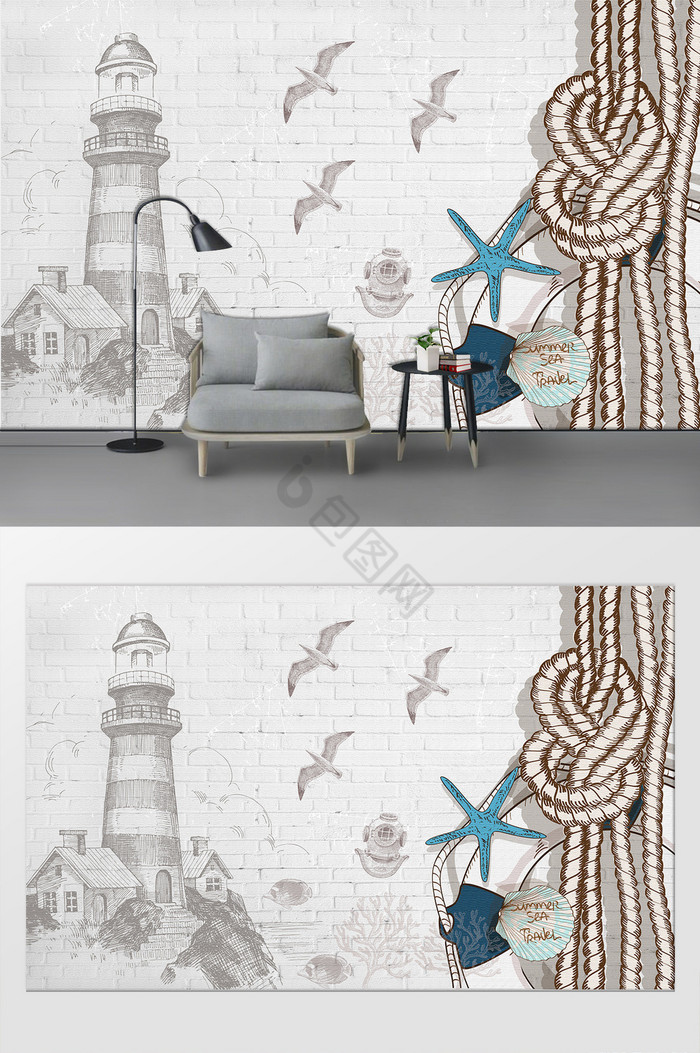 北欧简约灯塔砖墙客厅卧室背景墙图片
