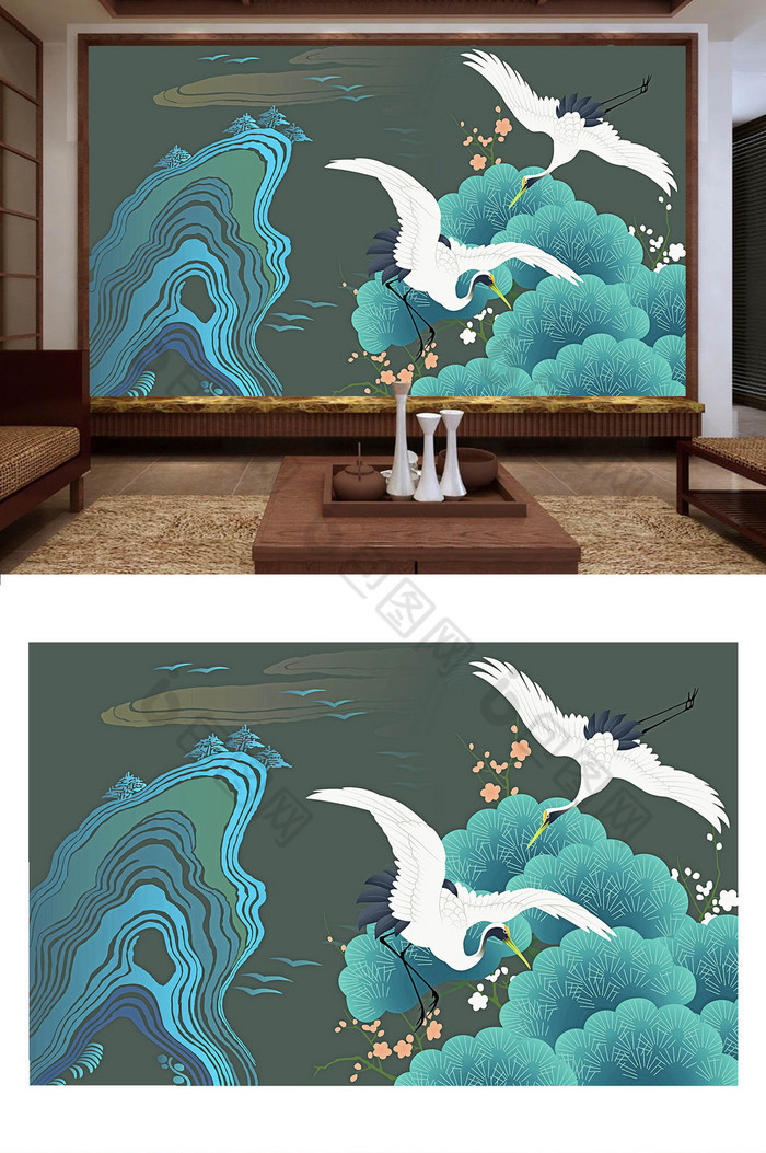 白鹤仙鹤苍松山水传统纹样图片图片