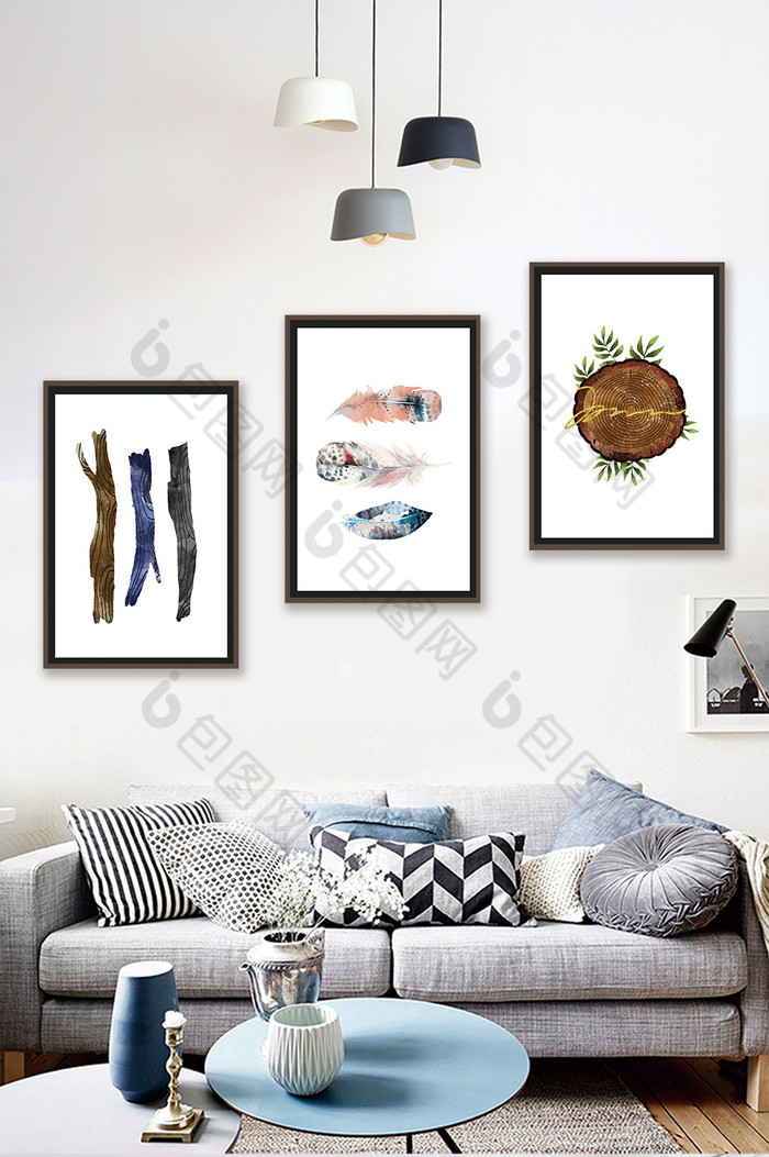 北欧风手绘植物羽毛年轮客厅卧室装饰画图片图片