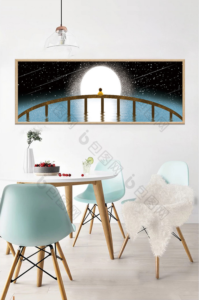 手绘月亮下的木桥风景儿童房卧室装饰画图片图片