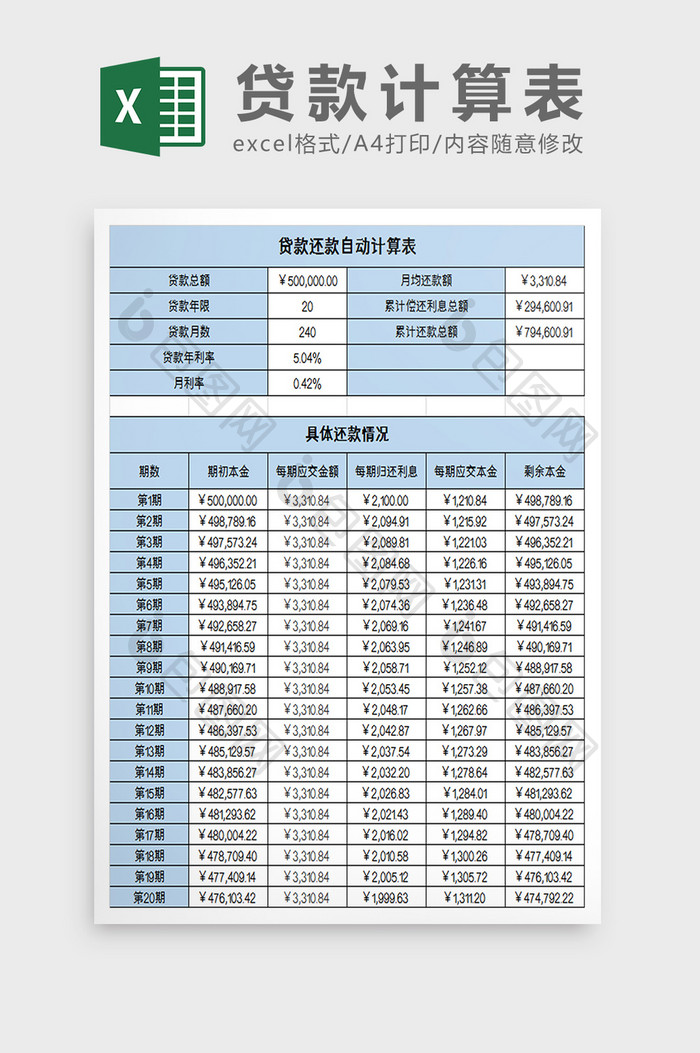 贷款自动计算表excel模板