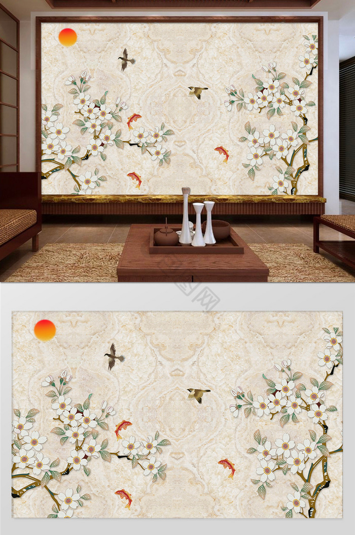 新中式工笔花鸟图国画客厅沙发背景墙图片