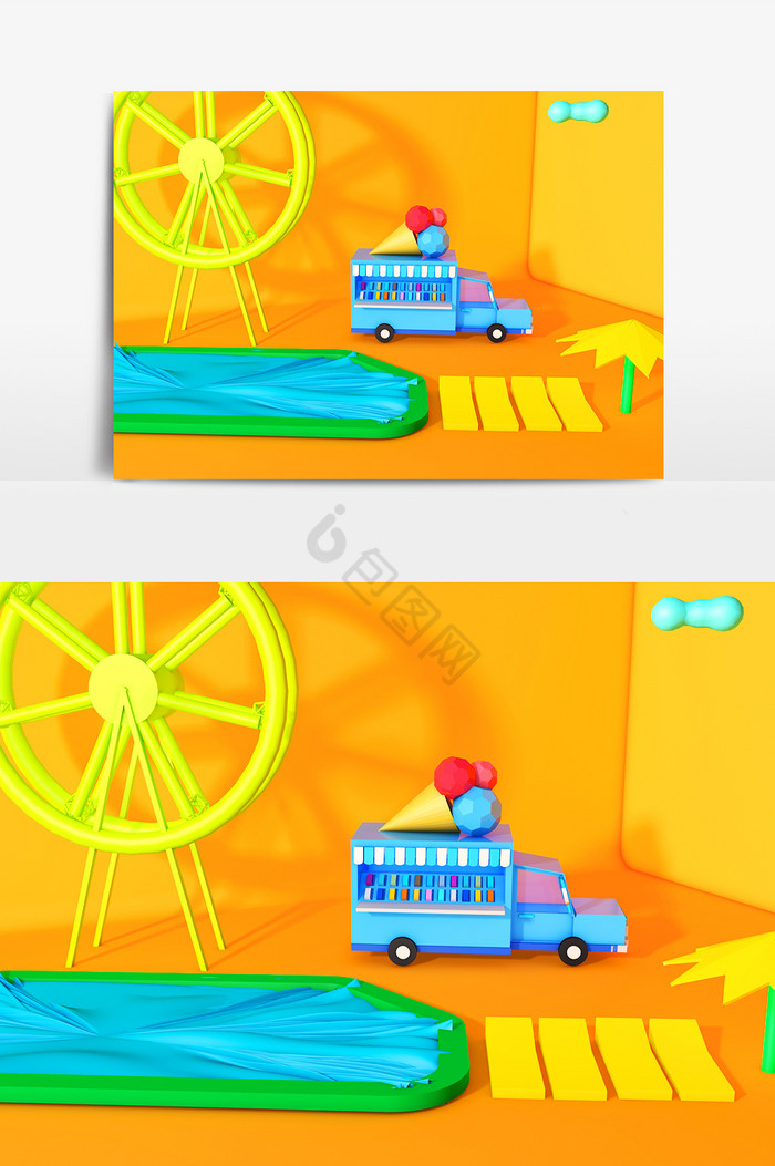 C4D夏季冰淇淋车场景模型图片