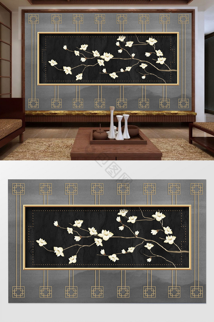 中式大气白色玉兰花花枝水墨山意境背景墙图片
