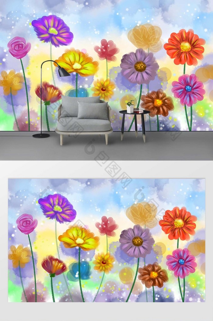 欧式手绘彩色抽象花卉背景墙