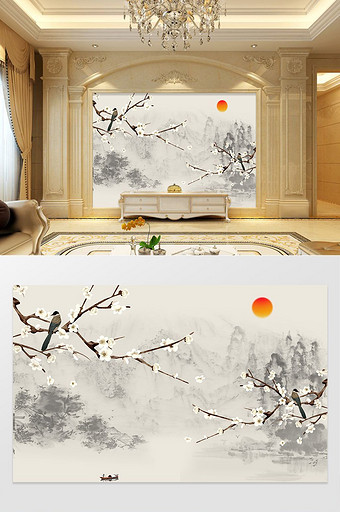 中式江南山水国画玉兰花客厅背景墙图片