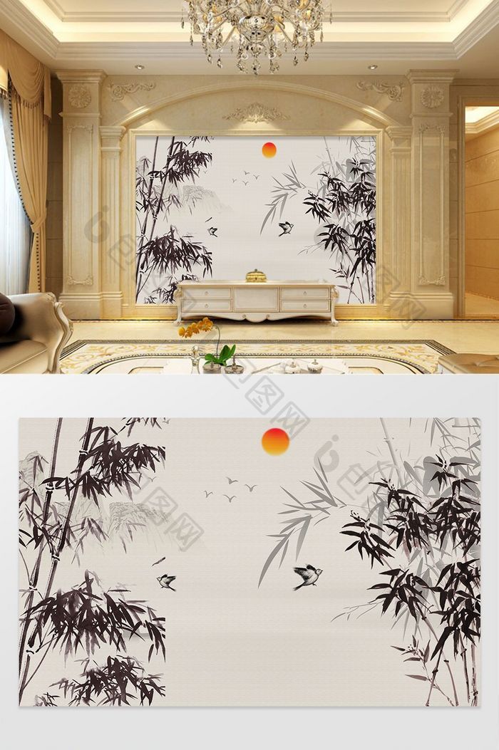 新中式水墨竹子江南风景背景墙装饰画