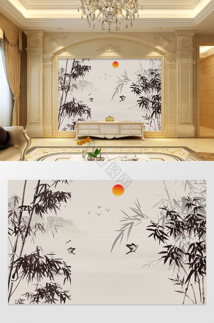 新中式水墨竹子江南风景背景墙装饰画图片