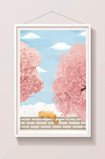 唯美清新樱花树下的猫咪风景插画图片