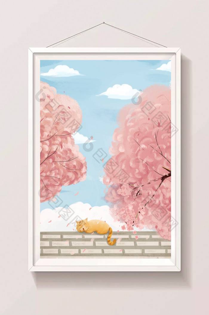 唯美清新樱花树下的猫咪风景插画