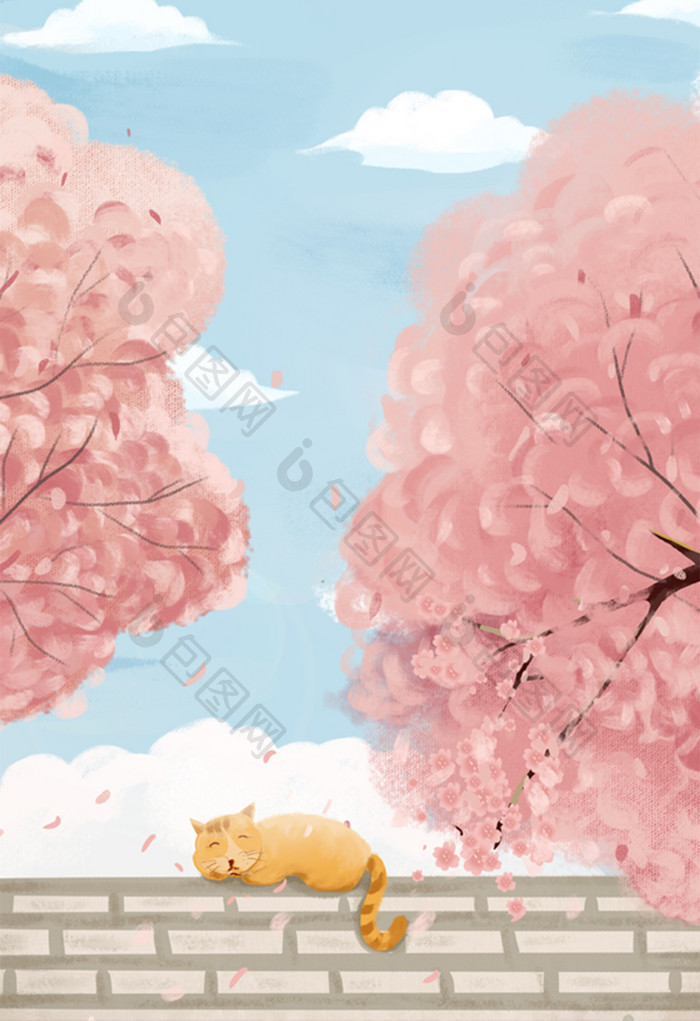 唯美清新樱花树下的猫咪风景插画