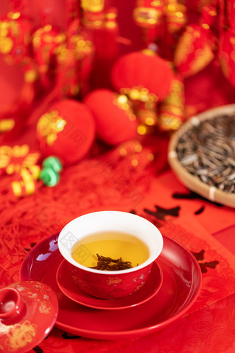 红色茶碗新春喜庆背景