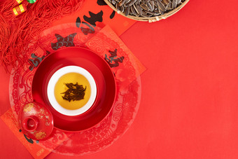 红色茶碗新年红色背景