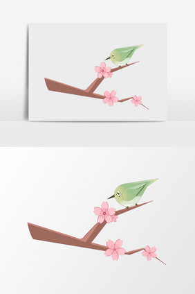 手绘卡通小清新粉绿花朵小鸟小元素