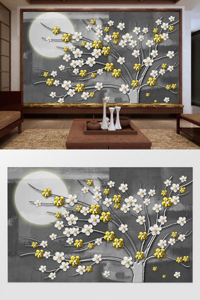 中式意境大气浮雕花枝金色花月亮灰色背景墙