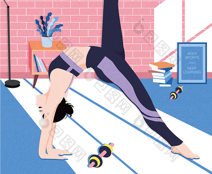 清新蓝粉插画运动减肥瑜伽私教健身塑形减脂