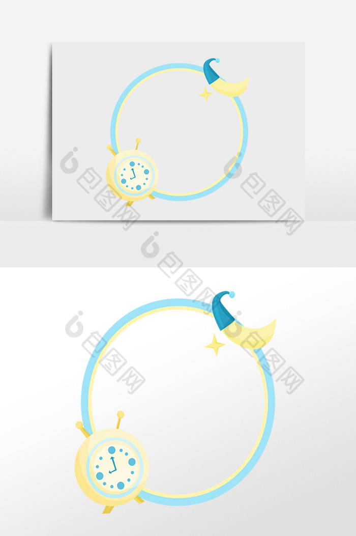 手绘可爱钟表月亮边框插画