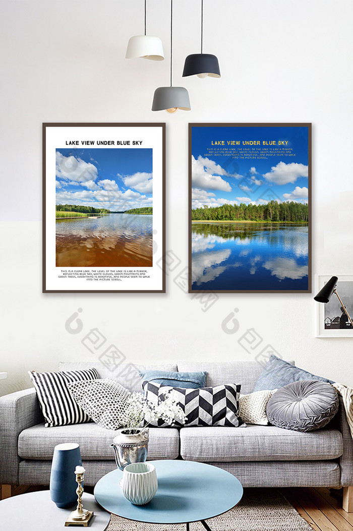 蓝天白云唯美湖景自然风光客厅装饰画图片图片
