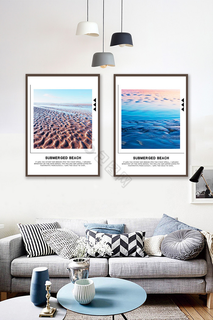 唯美大海沙滩自然风景酒店双联装饰画图片