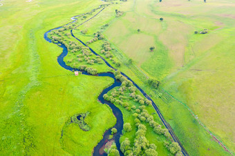 草原夏季河流航拍图片