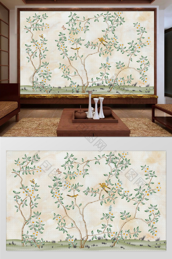 新中式国画花鸟图客厅书房背景墙