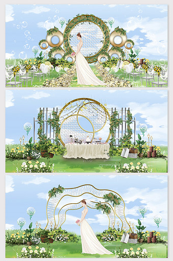 清新浅绿色森系鲜花铁艺草坪婚礼效果图图片