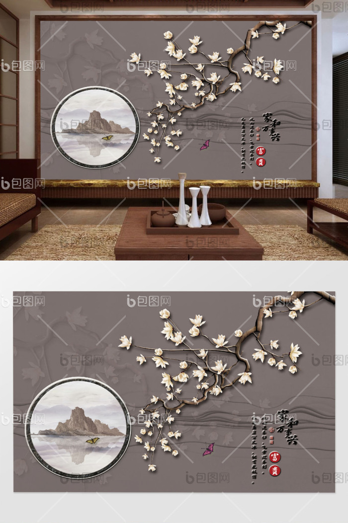 新中式花瓶工笔梅花花鸟电视背景墙效果图-【包图网】