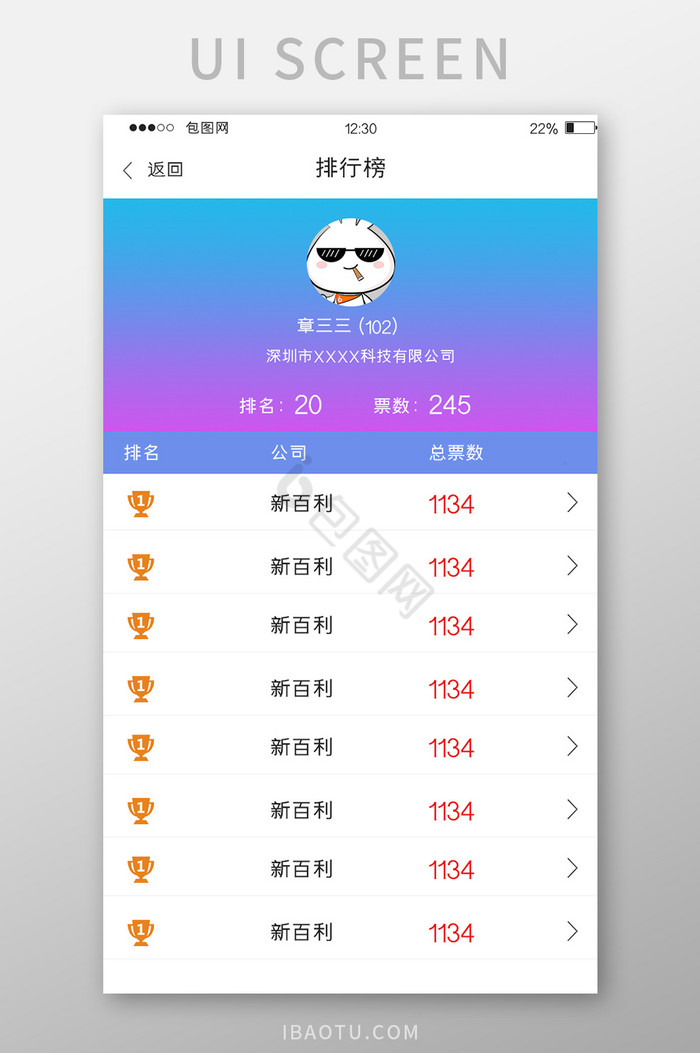 蓝紫色渐变金融APP排行榜UI移动界面图片