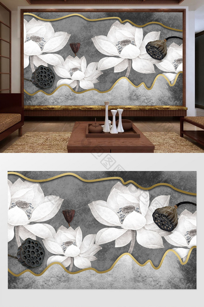 新中式抽象边框唯美荷花枯莲中式背景墙
