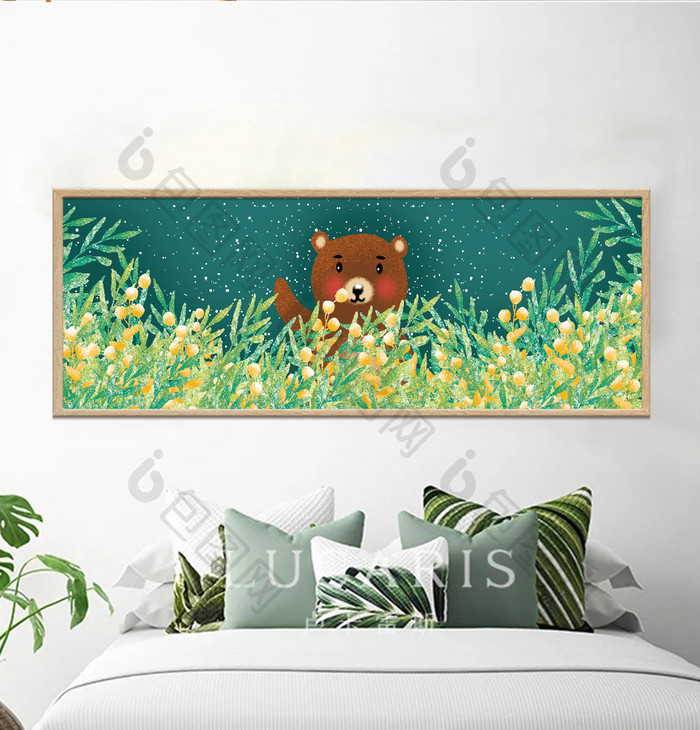 手绘植物动物小熊风景儿童房卧室装饰画