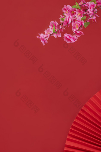 红色折扇桃花中国年图片