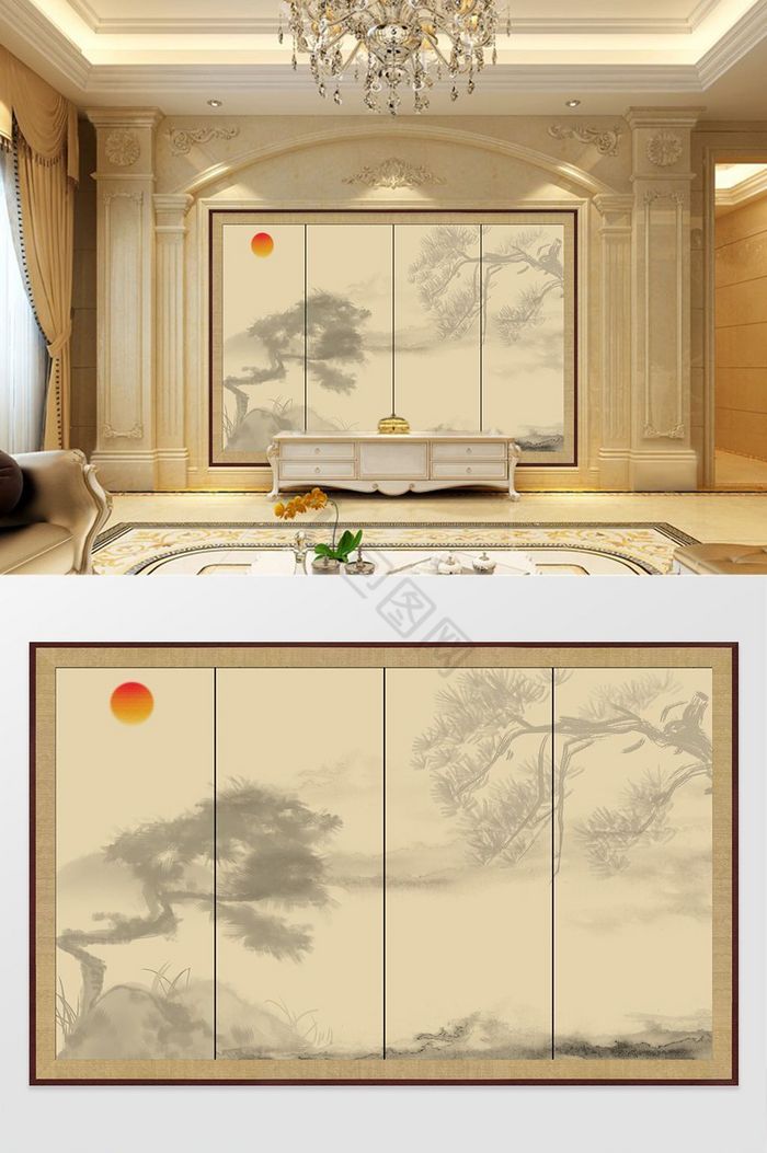 日本浮世绘松树背景墙装饰画图片