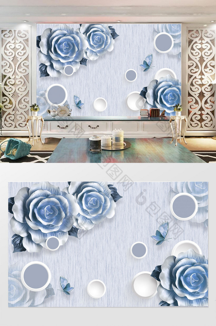 蓝色珠宝花卉圆圈小边框蝴蝶背景墙图片图片