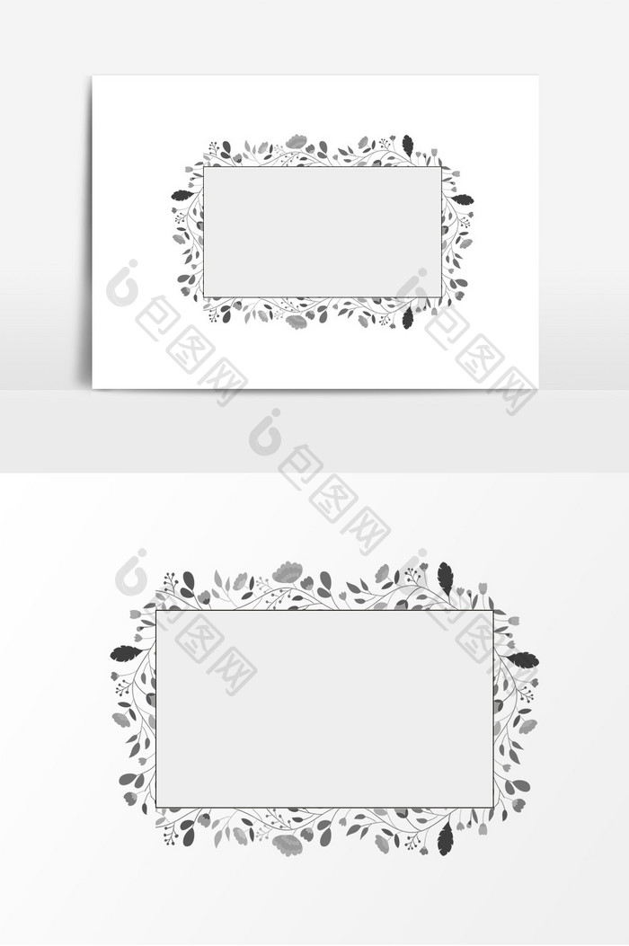 黑白水墨花朵植物边框元素