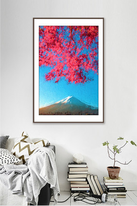 富士山风景植物枫叶景观油画装饰画