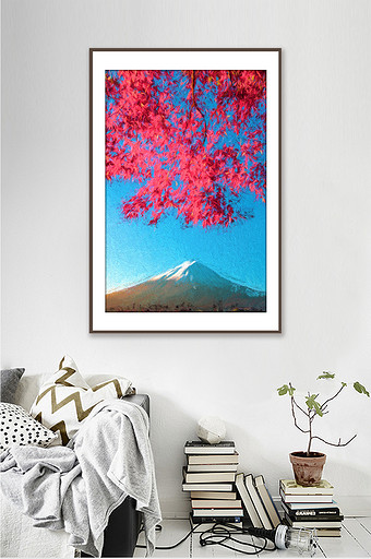 富士山风景植物枫叶景观油画装饰画图片