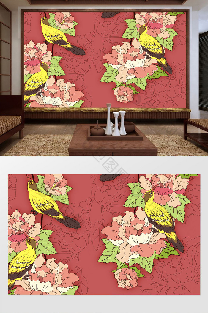 新中式古典手绘花鸟花枝背景墙